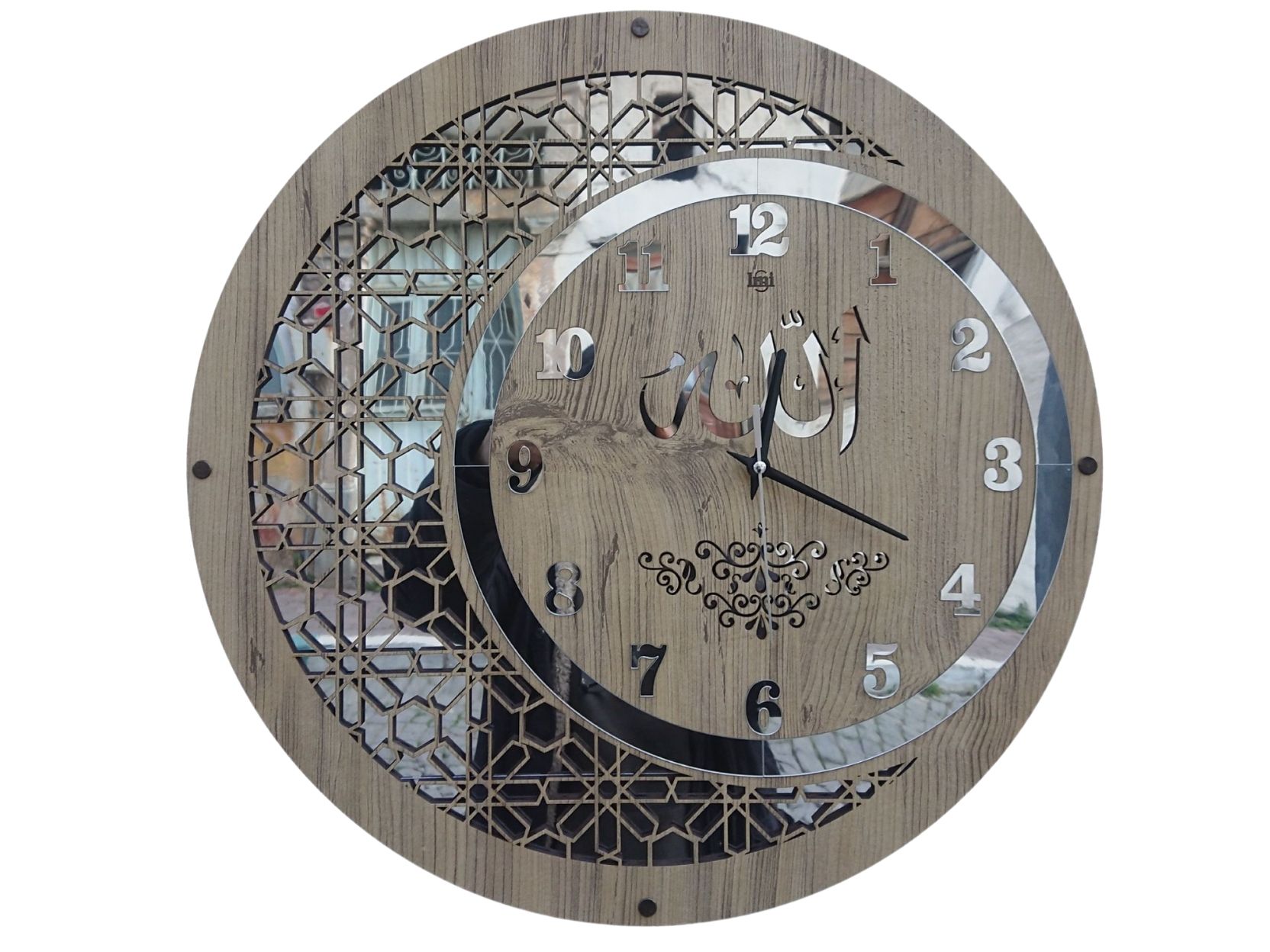 DUVAR SAATİ 40CM  AHŞAP-AYNA ALLAH TEMALI  