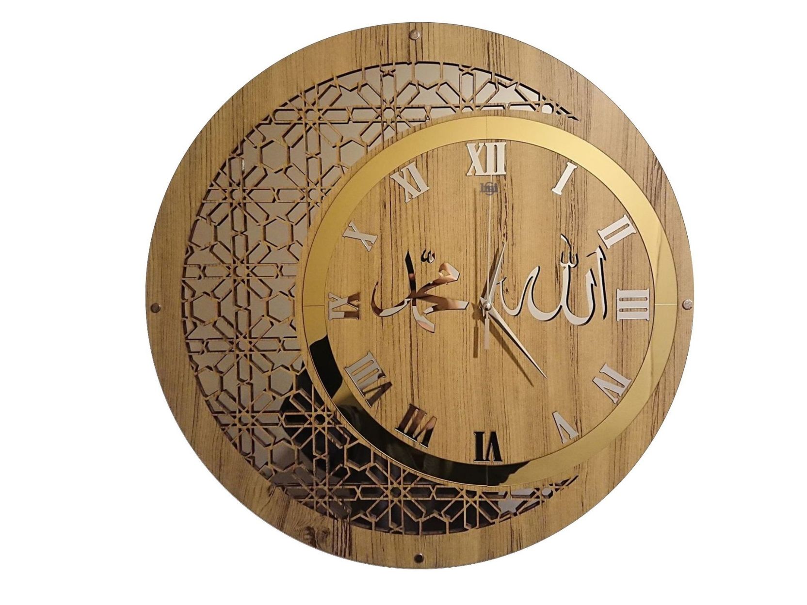 DUVAR SAATİ 40CM AHŞAP-AYNA ALLAH MUHAMMED TEMALI BUDAKLII ROMA