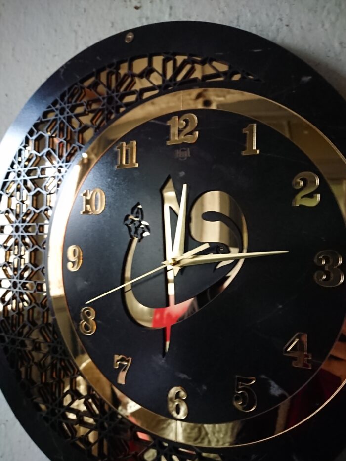 DUVAR SAATİ 50 CM AHŞAP AYNA ELİF VAV MOTİFLİ - Görsel 4